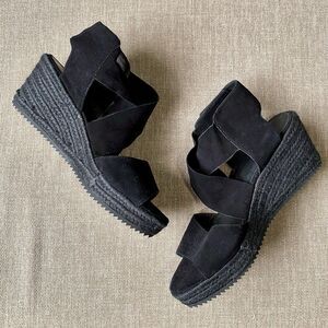 Eileen Fisher Women’s Black Suede Wedge Ankle Wrap Sandals Shoes Size 9